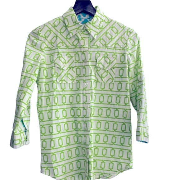 Tizzie button down green & white top size small - Picture 2 of 8